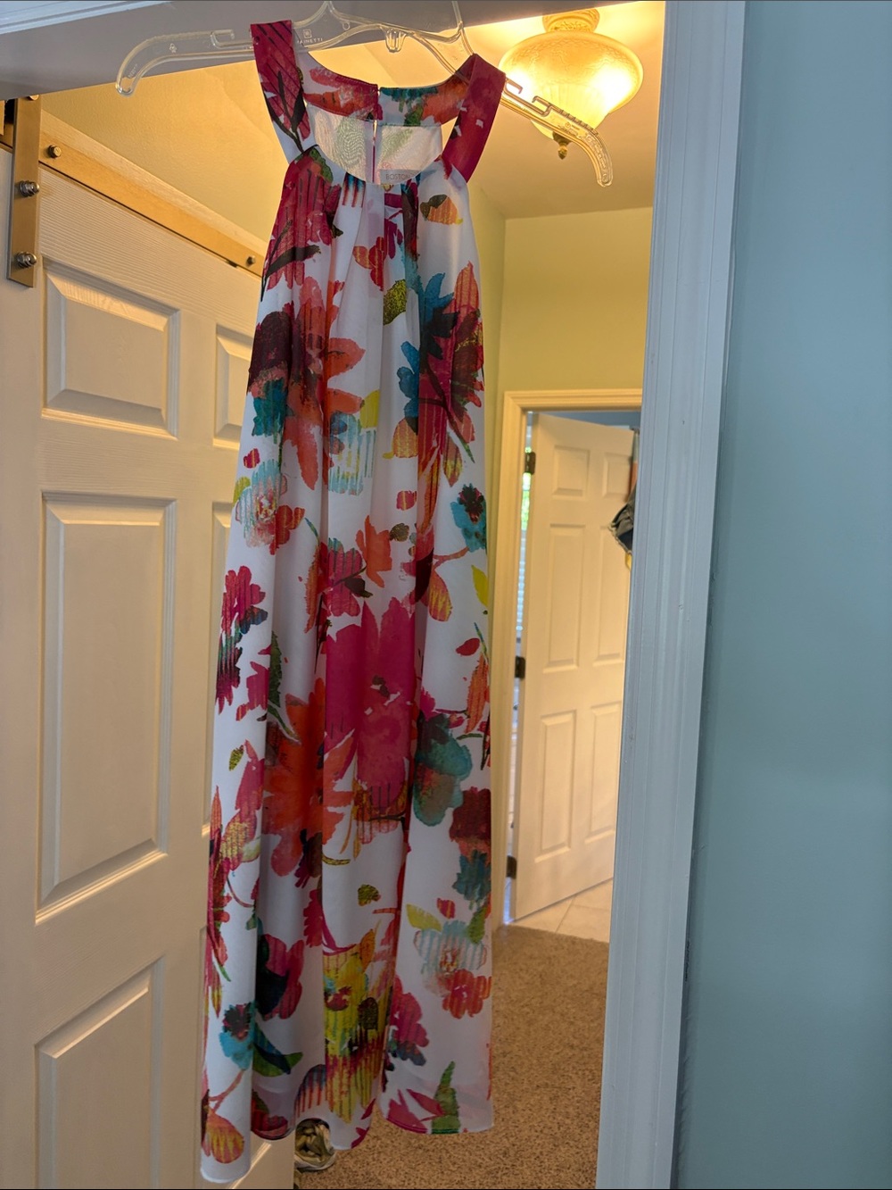 Boston Proper White Floral Maxi Dress with Pink, Red & Teal Accents